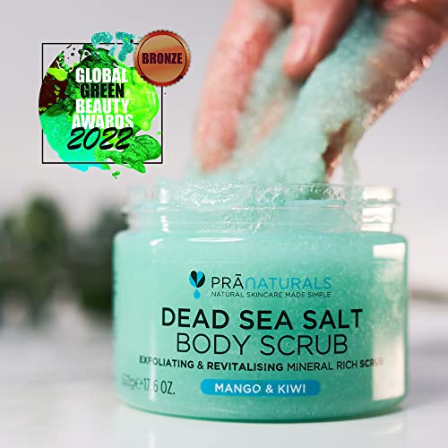 PraNaturals Exfoliante Corporal de Sal del Mar Muerto Enriquecido con Aroma de Mango y Kiwi 500g Body Scrub de Sales para Nutrir la Piel, Rico en Minerales Naturales para Todo Tipo de Piel