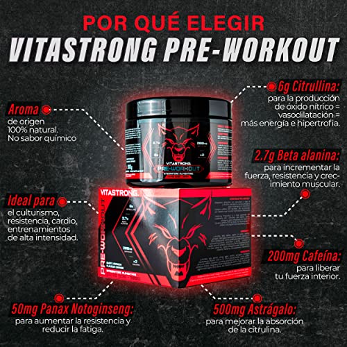 PRE WORKOUT Potente Vitastrong PRE ENTRENO | Preentreno Gimnasio, Beta Alanina, Suplementos Deportivos, | Rápida Absorción | Para Hombres y Mujeres