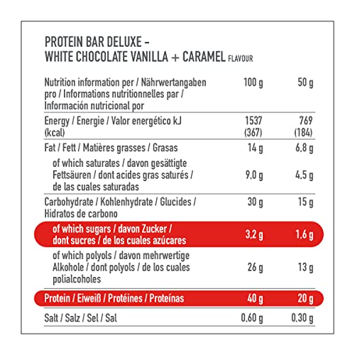 Premier Protein Bar Deluxe White Chocolate Vanilla 12x50g - Alto contenido en proteínas Bajo contenido en azúcares + Reducido en hidratos de carbono + Sin aceite de palma