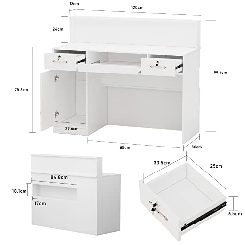 PREMTURE Mueble recepción con cajones, mostrador de recepción en Blanco,Mueble recepción,para vestíbulos de Empresas, recepciones de hoteles, Tiendas de Ropa, confiterías, fruterías 50 x 120 x 100 cm