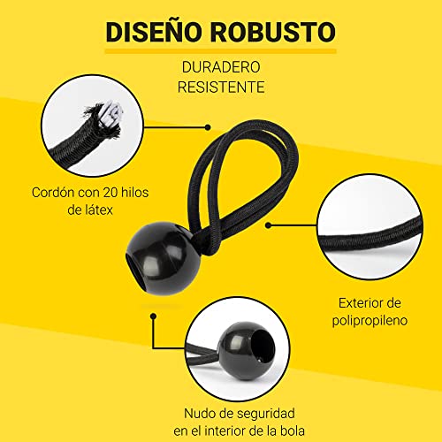 PRETEX Tensores Elasticos con Bola - Set de 25 x 23cm de Gomas Tensoras Universales con Bolas - Resistentes Lona de Piscina, Acampar y Atar Banderas - Negro