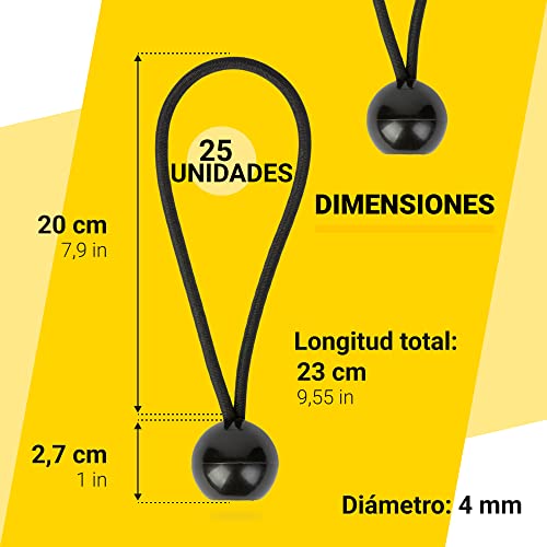 PRETEX Tensores Elasticos con Bola - Set de 25 x 23cm de Gomas Tensoras Universales con Bolas - Resistentes Lona de Piscina, Acampar y Atar Banderas - Negro