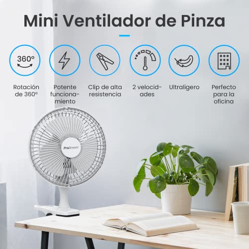 Pro Breeze Mini Ventilador de Sobremesa con Clip I Pequeño Ventilador Eléctrico con Funcionamiento Ultra silencioso y 2 Configuraciones de Velocidad I 15W para Hogar, Cama, Oficina y Escritorio