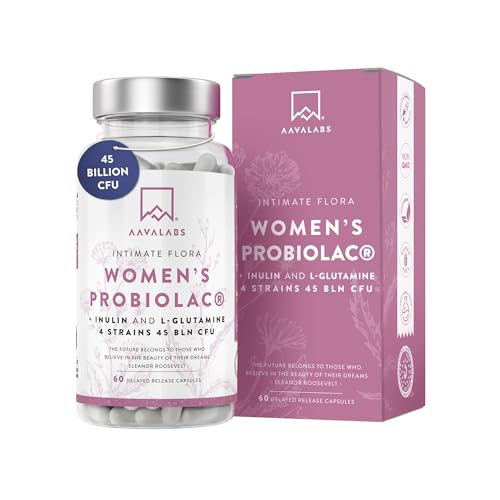 Probioticos mujer Superconcentrado con 4 cepas bacterianas distintas – Lactobacillus – 45 mil millones UFC por dosis – con inulina y L glutamina – sin GMO, gluten ni lactosa – 60 cápsulas