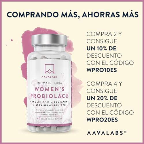 Probioticos mujer Superconcentrado con 4 cepas bacterianas distintas – Lactobacillus – 45 mil millones UFC por dosis – con inulina y L glutamina – sin GMO, gluten ni lactosa – 60 cápsulas