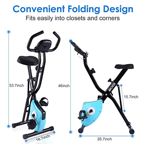 Profun Bicicleta Estática Plegable APP 10 niveles de Resistencia Magnética, Bicicleta de Ejercicios con Tableta/Soporte para Teléfono y Asiento Grande y Cómodo (Azul sin Respaldo)