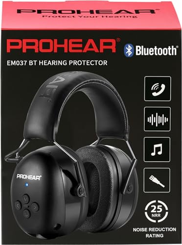 PROHEAR 037 Protector Auditivo con Bluetooth, Cascos Antiruido Bluetooth Recargables para Cortar el Césped, Carpintería,Jardinero (Negro)