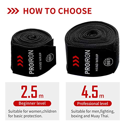 PROIRON Vendas Boxeo, 2.5m/4.5m Cinta Boxeo, Elásticas Vendas Boxeo con Correa de Velcro y Gancho para el Pulgar para MMA Muay Thai Taekwondo Kick Boxing Artes Marciales 1Pair