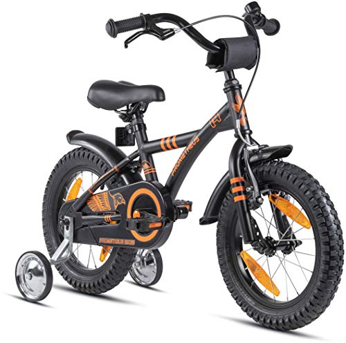 PROMETHEUS BICYCLES Bicicleta niño 4 años Bicicleta niña 4-6 años 14 Pulgadas Bici niños - Infantil con Pedales ruedines y Freno contrapedal Negro Mate