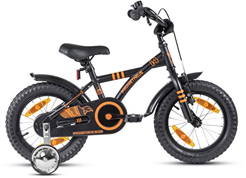 PROMETHEUS BICYCLES Bicicleta niño 4 años Bicicleta niña 4-6 años 14 Pulgadas Bici niños - Infantil con Pedales ruedines y Freno contrapedal Negro Mate