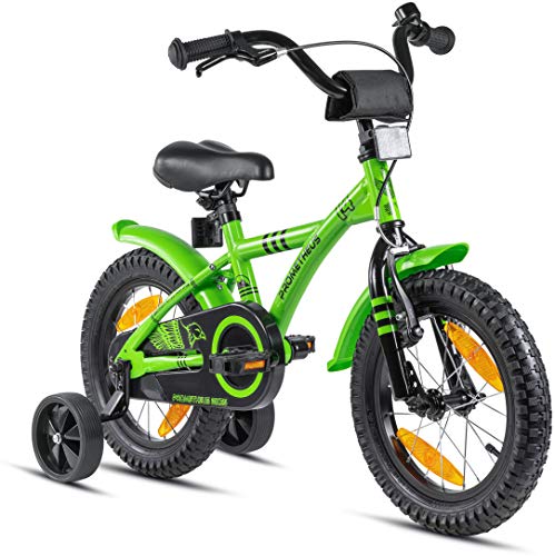 PROMETHEUS BICYCLES Bicicleta niño 4 años Bicicleta niña 4-6 años 14 Pulgadas Bici niños - Infantil con Pedales ruedines y Freno contrapedal Verde