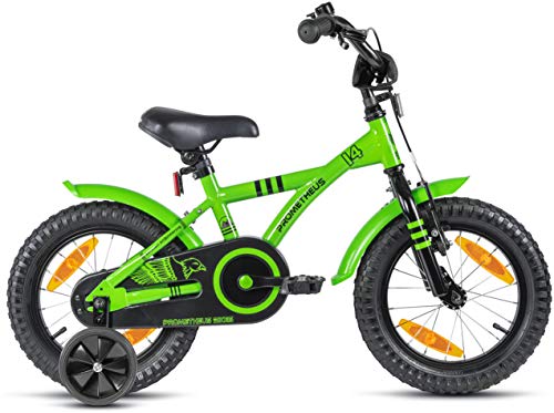 PROMETHEUS BICYCLES Bicicleta niño 4 años Bicicleta niña 4-6 años 14 Pulgadas Bici niños - Infantil con Pedales ruedines y Freno contrapedal Verde