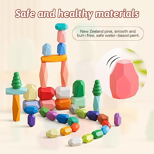 Promise Babe Juguetes apilables de Madera, Piedras de Equilibrio, Bloques de construcción de Madera Waldorf, Piedra de apilamiento de Madera arcoíris, Juguetes de Madera Montessori (48PCS Set) 3+