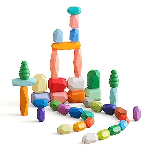 Promise Babe Juguetes apilables de Madera, Piedras de Equilibrio, Bloques de construcción de Madera Waldorf, Piedra de apilamiento de Madera arcoíris, Juguetes de Madera Montessori (48PCS Set) 3+