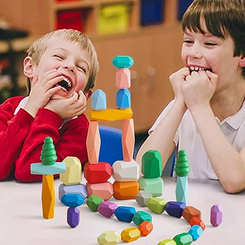 Promise Babe Juguetes apilables de Madera, Piedras de Equilibrio, Bloques de construcción de Madera Waldorf, Piedra de apilamiento de Madera arcoíris, Juguetes de Madera Montessori (48PCS Set) 3+