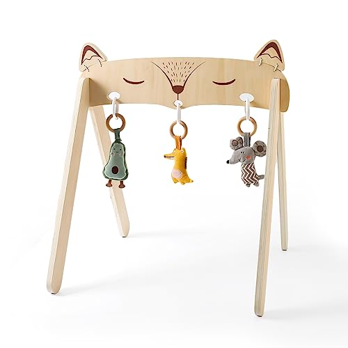 Promise Babe Wood Game Bow baby special, Fox Design baby Game bow, con 3 juguetes extraíbles para agarrar, cambio de mesa baby Bed Game PEN Game bow, peluche colgante baby Game Gymnasium Arch