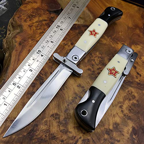 Promithi Cuchillo ruso pequeño Cuchillo plegable navaja de bolsillo multiusos Mango blanco y negro 440C Hoja de 9,6cm para acampar al aire libre para exteriores,caza y supervivencia con funda