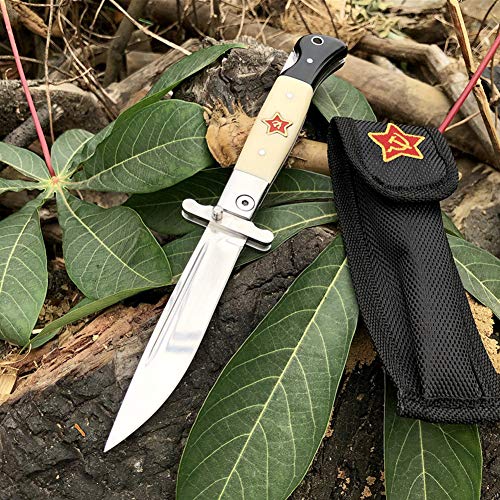 Promithi Cuchillo ruso pequeño Cuchillo plegable navaja de bolsillo multiusos Mango blanco y negro 440C Hoja de 9,6cm para acampar al aire libre para exteriores,caza y supervivencia con funda