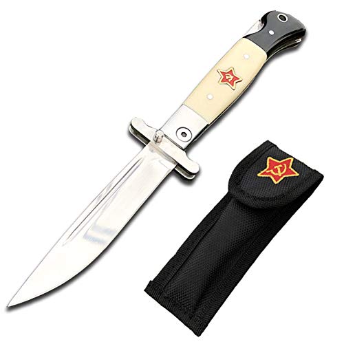 Promithi Cuchillo ruso pequeño Cuchillo plegable navaja de bolsillo multiusos Mango blanco y negro 440C Hoja de 9,6cm para acampar al aire libre para exteriores,caza y supervivencia con funda