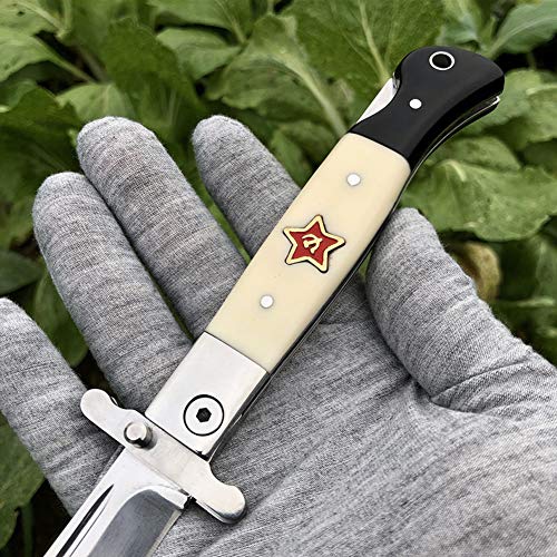 Promithi Cuchillo ruso pequeño Cuchillo plegable navaja de bolsillo multiusos Mango blanco y negro 440C Hoja de 9,6cm para acampar al aire libre para exteriores,caza y supervivencia con funda