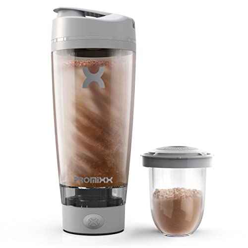 Promixx Pro Shaker Bottle - Recargable, potente para batidos de proteínas suaves, incluye almacenamiento de suplementos, sin BPA, vaso de 600 ml (Gris Cool)