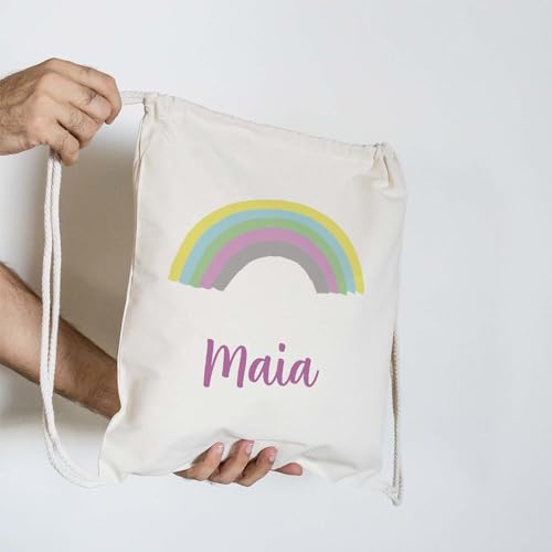 PROMO SHOP Mochila Cuerdas 100% Algodón Natural · PERSONALIZADA con tu Nombre o Foto a Todo Color en Impresión Textil · Diferentes Diseños para Personalizar · Tamaño 41cm x 37cm (ARCOIRIS)