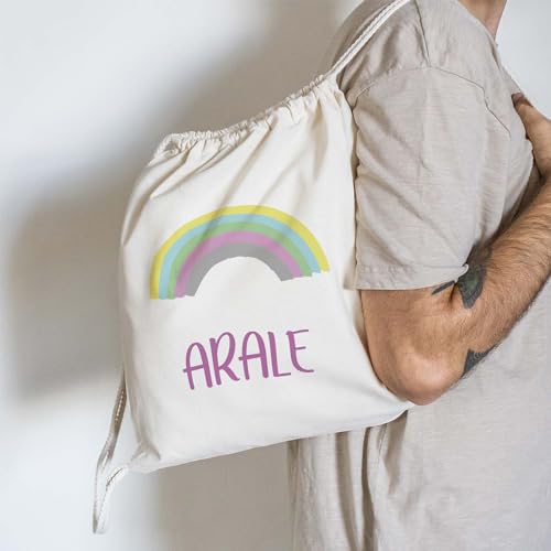 PROMO SHOP Mochila Cuerdas 100% Algodón Natural · PERSONALIZADA con tu Nombre o Foto a Todo Color en Impresión Textil · Diferentes Diseños para Personalizar · Tamaño 41cm x 37cm (ARCOIRIS)