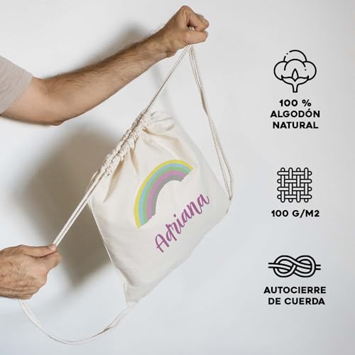 PROMO SHOP Mochila Cuerdas 100% Algodón Natural · PERSONALIZADA con tu Nombre o Foto a Todo Color en Impresión Textil · Diferentes Diseños para Personalizar · Tamaño 41cm x 37cm (ARCOIRIS)