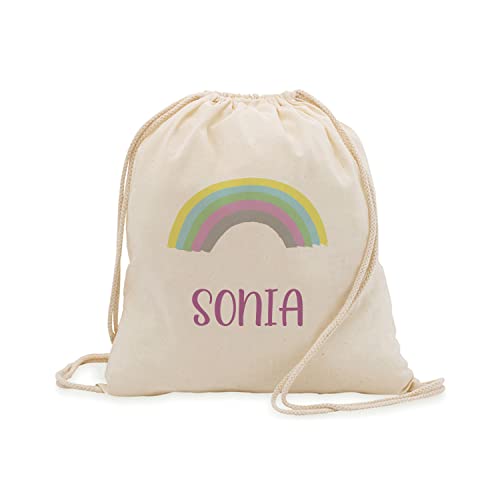 PROMO SHOP Mochila Cuerdas 100% Algodón Natural · PERSONALIZADA con tu Nombre o Foto a Todo Color en Impresión Textil · Diferentes Diseños para Personalizar · Tamaño 41cm x 37cm (ARCOIRIS)