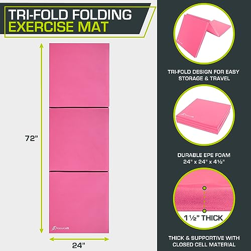 ProsourceFit Tri-Fold Folding Exercise Mat with Carrying Handles, 6-Feet Length x 2-Feet Width x 1.5-Inch Thickness, Pink