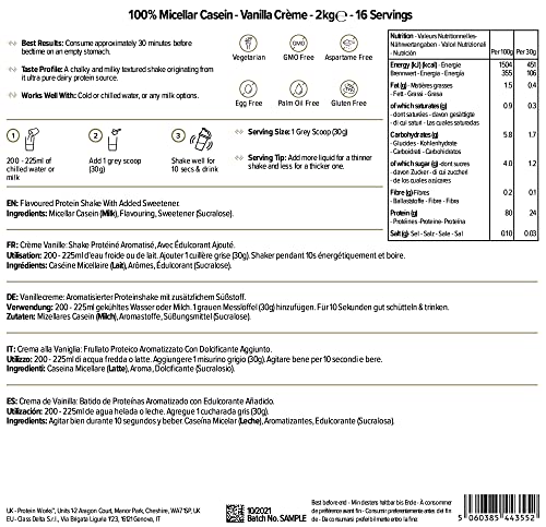 Protein Works| 100% Caseína Micelar | Sabor fresas con nata, 2 kg | Proteína de liberación lenta para antes de dormir