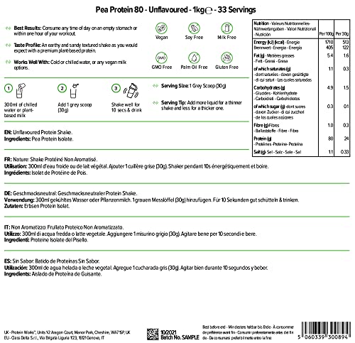 Protein Works| Proteína de Guisante 80 | Sin sabor, 1 kg | Proteína 100% vegana