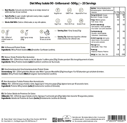 Protein Works| Proteína Whey Diet Isolate 90 | Sin sabor | 500 g de Aislado de proteína Whey