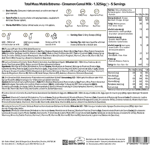 Protein Works| Total Mass Matrix Extreme Protein Powder | Masa Muscular | Alto en Calorías Para Ganar Masa | Con Glutamina, Creatina y Vitaminas | Leche de Cereales y Canela | 1.325kg