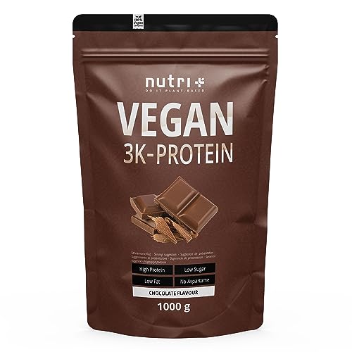 Proteína para masa muscular - Nutri + Vegana en Polvo Chocolate 1 kg - Batido de Proteína Vegana - Bajo en Azúcares Chocolate Powder 1000 g sin Lactosa