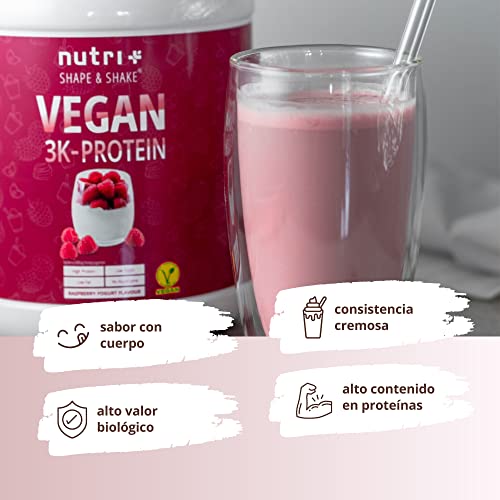 Proteína Vegana en Polvo de Yogur con Frambuesa 1kg - 80% Proteína - 3k Proteínas en Polvo - Sin Leche, Lactosa y Gluten 1000g Protein Blend - Nutri + Vegan