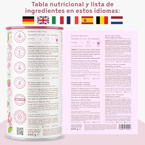 Proteína Vegana - Sabor a Yogur de Frambuesa. 600 gr - Proteína Vegetal de Soja, Arroz, Guisante y Semillas Germinadas - Vegan Protein con Estevia - Alto Contenido en Proteínas para Masa Muscular