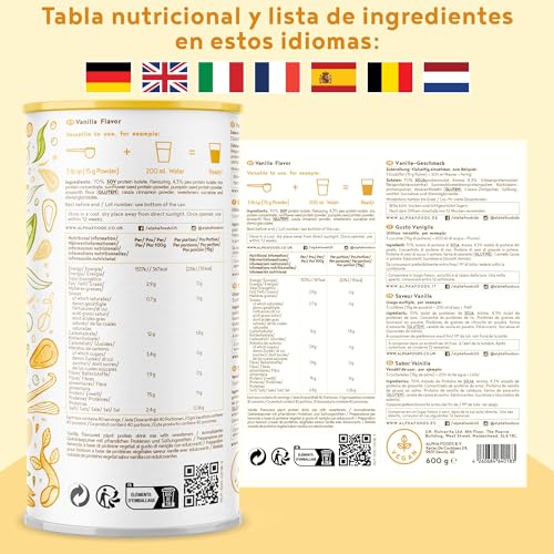 Proteína Vegana - Sabor VAINILLA - Proteína Vegetal de Guisantes, Soja, Arroz y semillas de lino, amaranto, girasol y calabazas germinadas - con Esteviol - 1200 gr (600gr x 2)