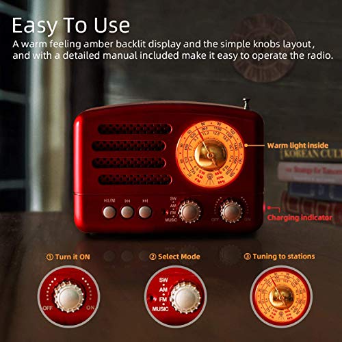 PRUNUS J-160 Am/FM/SW Radio Vintage, Radio Portatil Pequeña Bluetooth, Radio Retro con Reproductor USB/TF/AUX, Transistores Radio con Excelente Recepción, Radio Bateria Recargable de 1800mAh(Rojo)