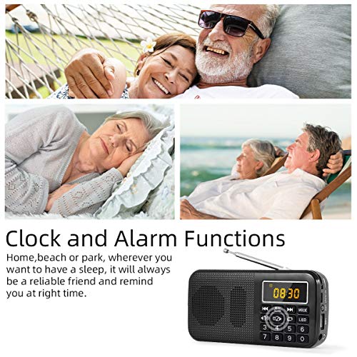 PRUNUS J-725 FM Radio Portatil Pequeña, Reloj Digital Despertador, Bateria Recargable de 3000mAh, Reproductor de AUX/USB/SD con Altavoz de 3W, y Linterna LED(Negra)