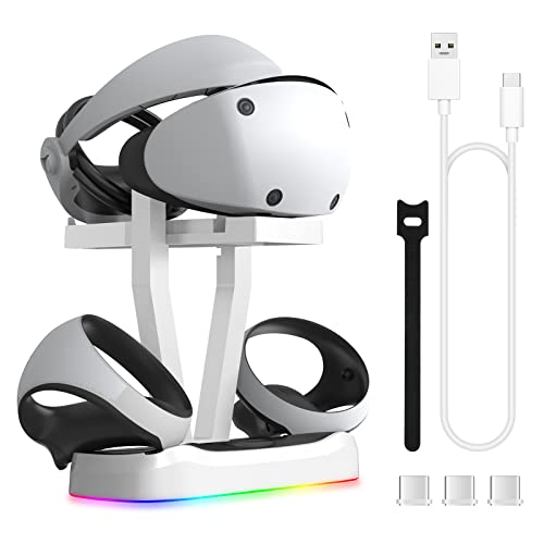 PS VR2 Estación de Carga, Gafas vr2 Playstation 5 Soporte de Pantalla y Base de Carga Magnética USB C con Iluminación RGB, Accesorios para PS5 VR2 con Cable de Carga (Blanco)