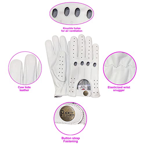 PSS Guantes de conducción clásicos de cuero sin forro para hombre, chofer, estilo vintage retro, para ciclismo, equitación, gimnasio, silla de ruedas, guantes de verano 507 (M, blanco)