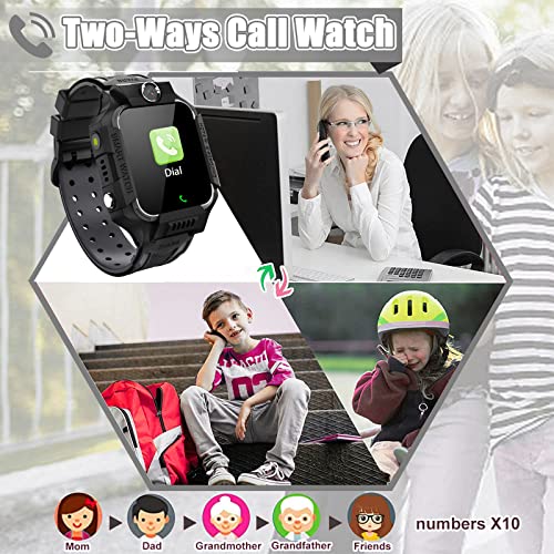 PTHTECHUS Reloj Inteligente Niños, Smartwatch con Llamadas, Pulsera Inteligente Juegos Música Cámara Podómetro Linterna Despertador Calculadora, Estudiantes Niño Niña Regalos de Cumpleanos (Negro)