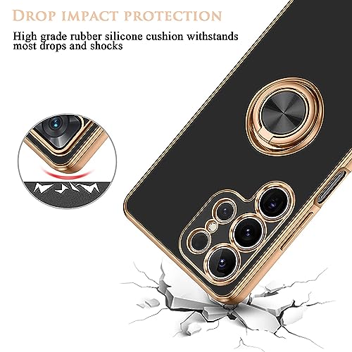 Ptny Funda con Samsung S23 Ultra, con Soportes 360 ° Anillo Titular Funda Protectora, a Prueba de Golpes de Silicona TPU Chapado,Galaxy S23 Ultra con Correa de Cadena de teléfono, Negro