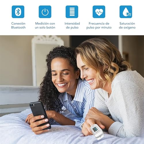 Pulsioxímetro, Oxímetro de dedo Pulso, App vía Bluetooth, Medición de la Saturación de Oxígeno (SpO2) y de la Frecuencia Cardíaca, Monitor de Nivel de Oxígeno, Alerta Intermitente,Blanco