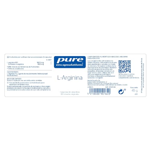 PURE ENCAPSULATIONS L-Arginina | Aporta Aminoácido para deportistas | 60 Cápsulas Vegetales