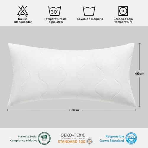 puredown® Almohadas de Plumas y Plumón de Ganso con Funda de 100% Algodón Lavable a Máquina Paquete de 2, 40x80cm