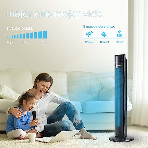 PureMate Ventilador de torre oscilante de 109 cm con purificador de aire y función de aroma, 3 velocidades de ventilador, pantalla LED, temporizador, ventilador de piso portátil sin aspas