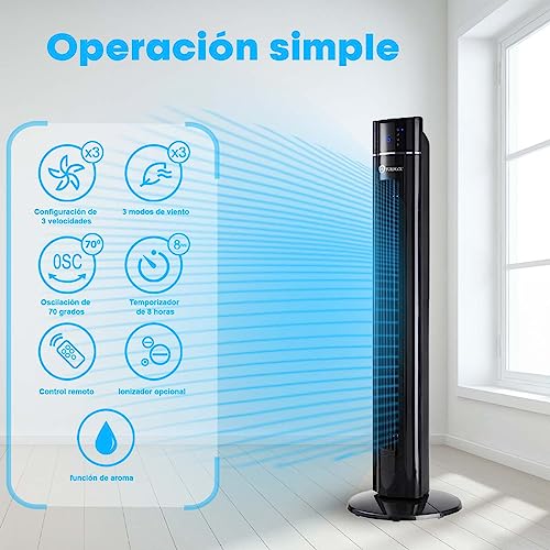 PureMate Ventilador de torre oscilante de 109 cm con purificador de aire y función de aroma, 3 velocidades de ventilador, pantalla LED, temporizador, ventilador de piso portátil sin aspas