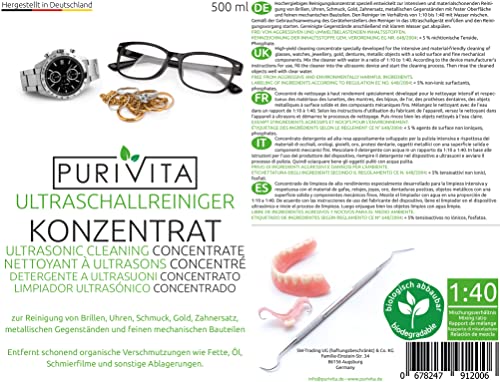 Purivita - Líquido para limpiador ultrasónico-baño ultrasónico, para gafas, dentaduras postizas, joyas 500ml